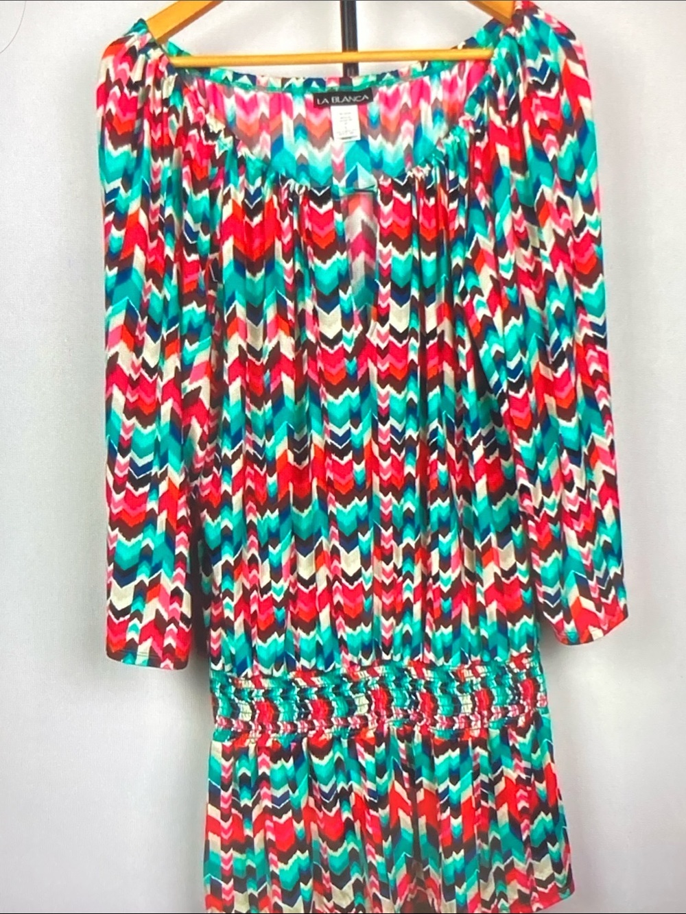 La Blanca Girls Chevron Print Off-Shoulder Dress in Red & Teal